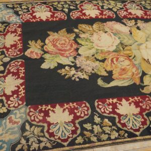 Antique French Needlepoint Carpet 5'2"×8'8" Black with Roses, Raspberry Border, Circa 1890 - detail view 8