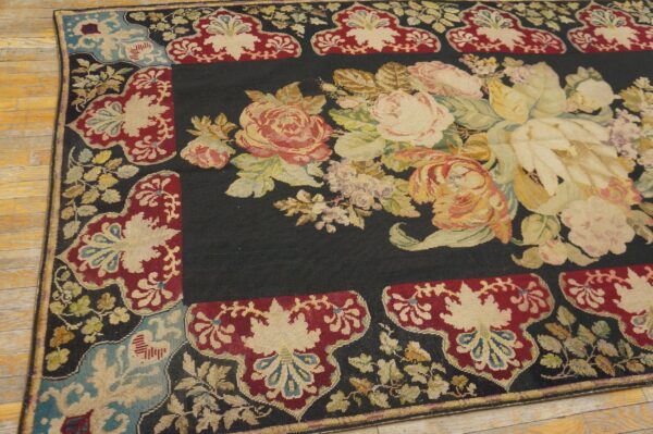 Antique french needlepoint carpet 5'2"×8'8" black with roses, raspberry border, circa 1890 - detail view 8