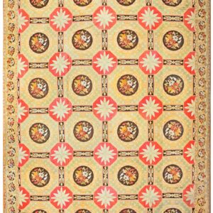 Antique French Needlepoint Carpet 13'6"×19' Green, Yellow, Pink, Formal Design, 1870s