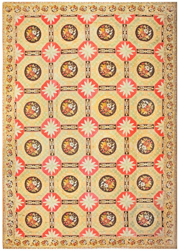 Antique french needlepoint carpet 13'6"×19' green, yellow, pink, formal design, 1870s 1 Antique french needlepoint carpet 13'6"×19' green, yellow, pink, formal design, 1870s