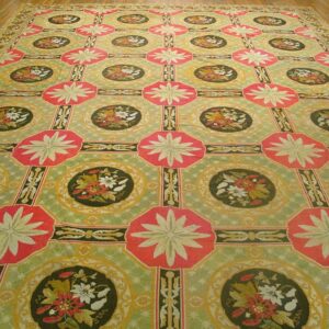 Antique French Needlepoint Carpet 13'6"×19' Green, Yellow, Pink, Formal Design, 1870s - detail view 1