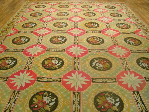 Antique french needlepoint carpet 13'6"×19' green, yellow, pink, formal design, 1870s 2 Antique french needlepoint carpet 13'6"×19' green, yellow, pink, formal design, 1870s - detail view 1
