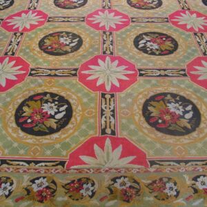 Antique French Needlepoint Carpet 13'6"×19' Green, Yellow, Pink, Formal Design, 1870s - detail view 2