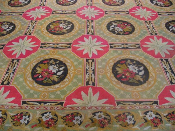 Antique french needlepoint carpet 13'6"×19' green, yellow, pink, formal design, 1870s 3 Antique french needlepoint carpet 13'6"×19' green, yellow, pink, formal design, 1870s - detail view 2