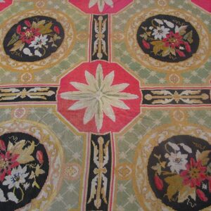 Antique French Needlepoint Carpet 13'6"×19' Green, Yellow, Pink, Formal Design, 1870s - detail view 3