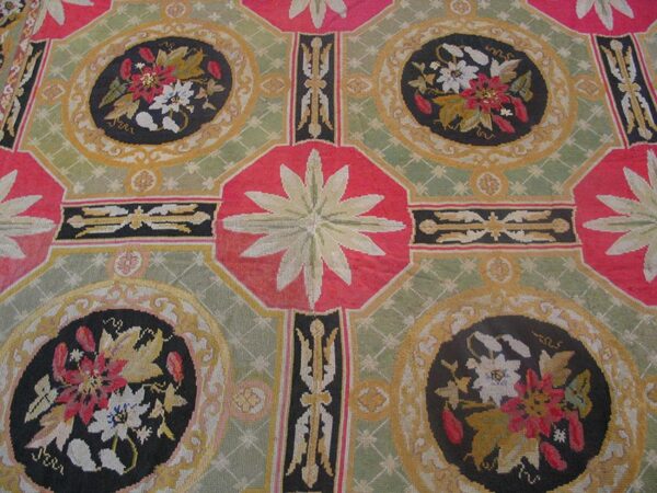 Antique french needlepoint carpet 13'6"×19' green, yellow, pink, formal design, 1870s 4 Antique french needlepoint carpet 13'6"×19' green, yellow, pink, formal design, 1870s - detail view 3