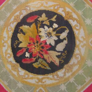 Antique French Needlepoint Carpet 13'6"×19' Green, Yellow, Pink, Formal Design, 1870s - detail view 4