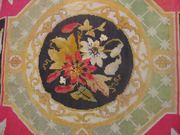 Antique french needlepoint carpet 13'6"×19' green, yellow, pink, formal design, 1870s 5 Antique french needlepoint carpet 13'6"×19' green, yellow, pink, formal design, 1870s - detail view 4