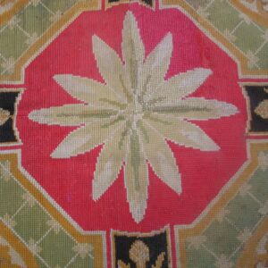 Antique French Needlepoint Carpet 13'6"×19' Green, Yellow, Pink, Formal Design, 1870s - detail view 5