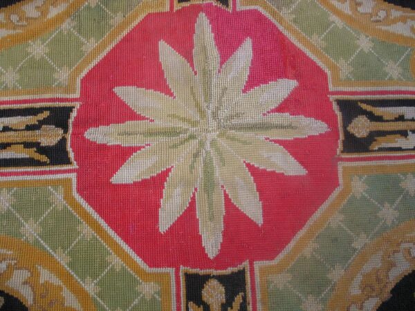 Antique french needlepoint carpet 13'6"×19' green, yellow, pink, formal design, 1870s 6 Antique french needlepoint carpet 13'6"×19' green, yellow, pink, formal design, 1870s - detail view 5