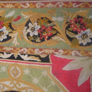 Antique French Needlepoint Carpet 13'6"×19' Green, Yellow, Pink, Formal Design, 1870s - detail view 6