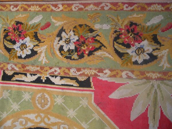 Antique french needlepoint carpet 13'6"×19' green, yellow, pink, formal design, 1870s 7 Antique french needlepoint carpet 13'6"×19' green, yellow, pink, formal design, 1870s - detail view 6