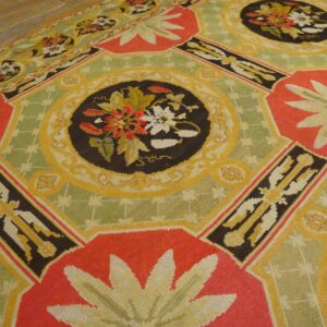 Antique French Needlepoint Carpet 13'6"×19' Green, Yellow, Pink, Formal Design, 1870s - detail view 7