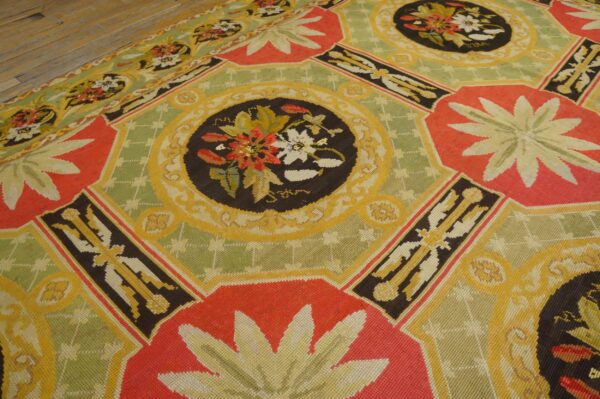 Antique french needlepoint carpet 13'6"×19' green, yellow, pink, formal design, 1870s 8 Antique french needlepoint carpet 13'6"×19' green, yellow, pink, formal design, 1870s - detail view 7