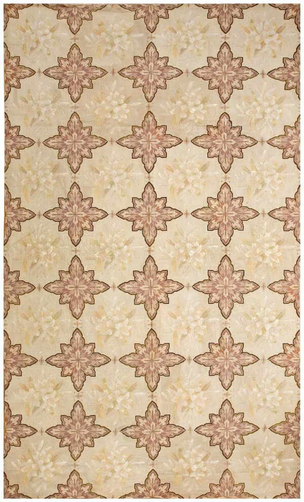 Antique french needlepoint carpet 7'4"×12'4" ivory & burgundy, wool & silk, circa 1880
