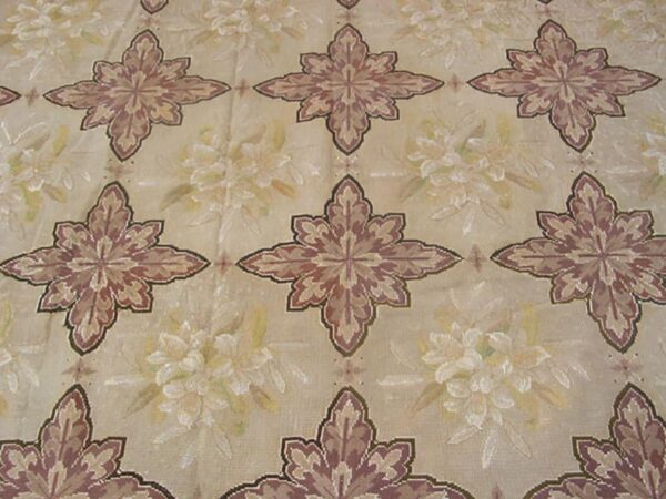 Antique french needlepoint carpet 7'4"×12'4" ivory & burgundy, wool & silk, circa 1880 - detail view 1