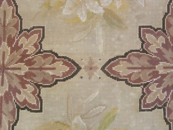 Antique french needlepoint carpet 7'4"×12'4" ivory & burgundy, wool & silk, circa 1880 - detail view 3