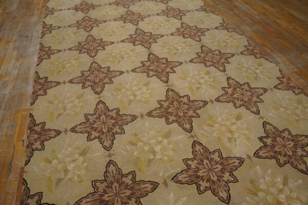 Antique french needlepoint carpet 7'4"×12'4" ivory & burgundy, wool & silk, circa 1880 - detail view 6