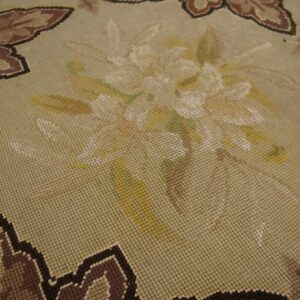 Antique French Needlepoint Carpet 7'4"×12'4" Ivory & Burgundy, Wool & Silk, Circa 1880 - detail view 7
