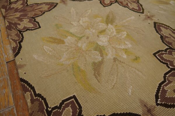 Antique french needlepoint carpet 7'4"×12'4" ivory & burgundy, wool & silk, circa 1880 - detail view 7