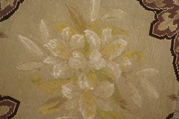 Antique french needlepoint carpet 7'4"×12'4" ivory & burgundy, wool & silk, circa 1880 - detail view 8