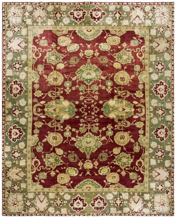 Antique indian agra carpet 11'4"×14'6" burgundy field, olive border, classic design, 1880s 1 Antique indian agra carpet 11'4"ã—14'6" burgundy field, olive border, classic design, 1880s