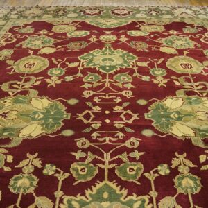 Antique Indian Agra Carpet 11'4"×14'6" Burgundy Field, Olive Border, Classic Design, 1880s - detail view 9