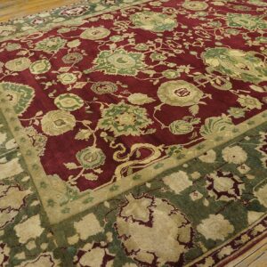 Antique Indian Agra Carpet 11'4"×14'6" Burgundy Field, Olive Border, Classic Design, 1880s - detail view 10