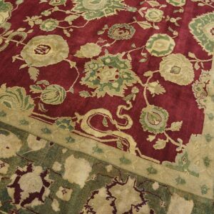 Antique Indian Agra Carpet 11'4"×14'6" Burgundy Field, Olive Border, Classic Design, 1880s - detail view 11