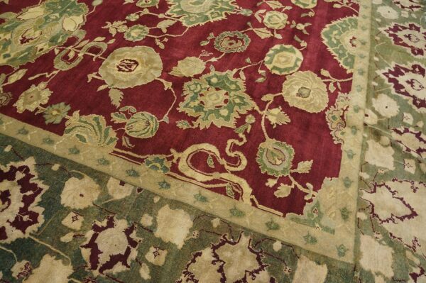 Antique indian agra carpet 11'4"×14'6" burgundy field, olive border, classic design, 1880s 12 Antique indian agra carpet 11'4"ã—14'6" burgundy field, olive border, classic design, 1880s - detail view 11