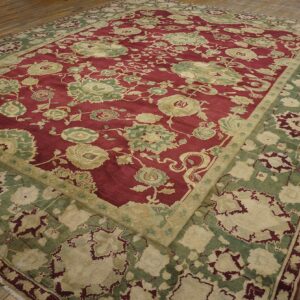 Antique Indian Agra Carpet 11'4"×14'6" Burgundy Field, Olive Border, Classic Design, 1880s - detail view 14