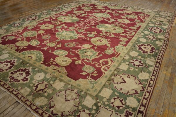 Antique indian agra carpet 11'4"×14'6" burgundy field, olive border, classic design, 1880s 15 Antique indian agra carpet 11'4"ã—14'6" burgundy field, olive border, classic design, 1880s - detail view 14