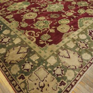Antique Indian Agra Carpet 11'4"×14'6" Burgundy Field, Olive Border, Classic Design, 1880s - detail view 16