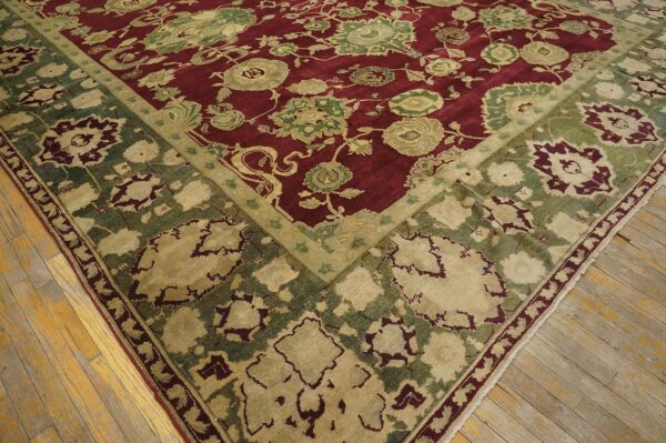 Antique indian agra carpet 11'4"×14'6" burgundy field, olive border, classic design, 1880s 17 Antique indian agra carpet 11'4"ã—14'6" burgundy field, olive border, classic design, 1880s - detail view 16