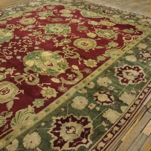 Antique Indian Agra Carpet 11'4"×14'6" Burgundy Field, Olive Border, Classic Design, 1880s - detail view 17