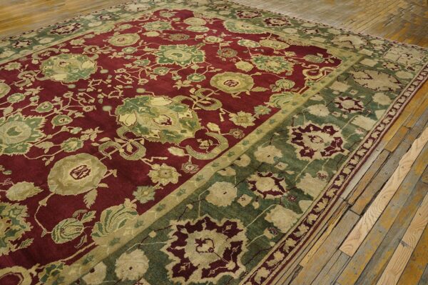 Antique indian agra carpet 11'4"×14'6" burgundy field, olive border, classic design, 1880s 18 Antique indian agra carpet 11'4"ã—14'6" burgundy field, olive border, classic design, 1880s - detail view 17