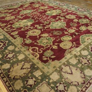 Antique Indian Agra Carpet 11'4"×14'6" Burgundy Field, Olive Border, Classic Design, 1880s - detail view 1