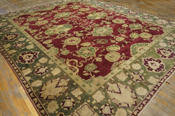 Antique indian agra carpet 11'4"×14'6" burgundy field, olive border, classic design, 1880s 2 Antique indian agra carpet 11'4"ã—14'6" burgundy field, olive border, classic design, 1880s - detail view 1