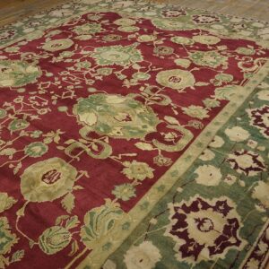 Antique Indian Agra Carpet 11'4"×14'6" Burgundy Field, Olive Border, Classic Design, 1880s - detail view 2