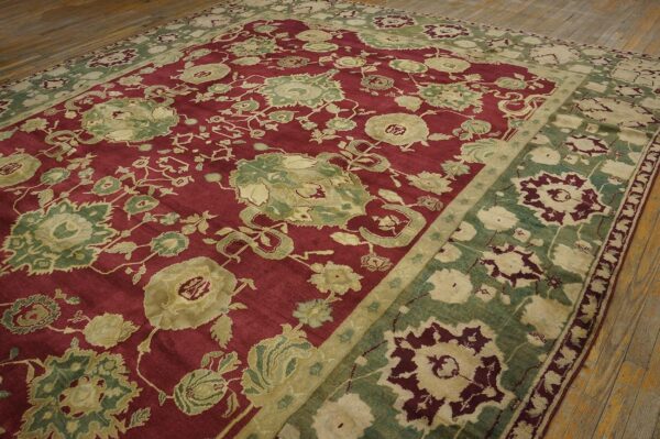 Antique indian agra carpet 11'4"×14'6" burgundy field, olive border, classic design, 1880s 3 Antique indian agra carpet 11'4"ã—14'6" burgundy field, olive border, classic design, 1880s - detail view 2