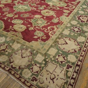 Antique Indian Agra Carpet 11'4"×14'6" Burgundy Field, Olive Border, Classic Design, 1880s - detail view 3