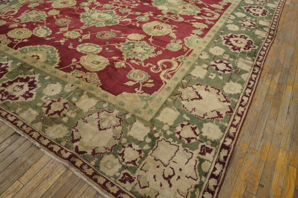 Antique indian agra carpet 11'4"×14'6" burgundy field, olive border, classic design, 1880s 4 Antique indian agra carpet 11'4"ã—14'6" burgundy field, olive border, classic design, 1880s - detail view 3