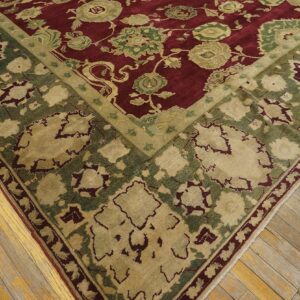 Antique Indian Agra Carpet 11'4"×14'6" Burgundy Field, Olive Border, Classic Design, 1880s - detail view 5