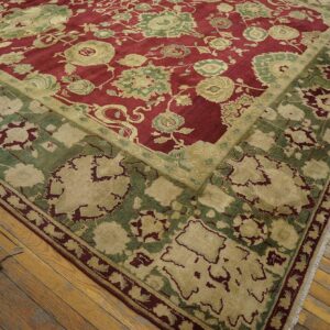 Antique Indian Agra Carpet 11'4"×14'6" Burgundy Field, Olive Border, Classic Design, 1880s - detail view 6