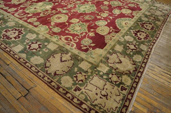 Antique indian agra carpet 11'4"×14'6" burgundy field, olive border, classic design, 1880s 7 Antique indian agra carpet 11'4"ã—14'6" burgundy field, olive border, classic design, 1880s - detail view 6