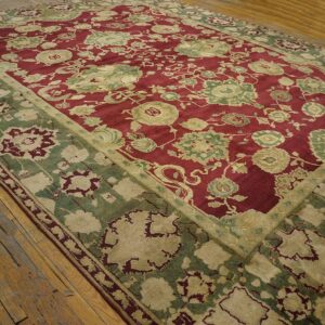 Antique Indian Agra Carpet 11'4"×14'6" Burgundy Field, Olive Border, Classic Design, 1880s - detail view 7