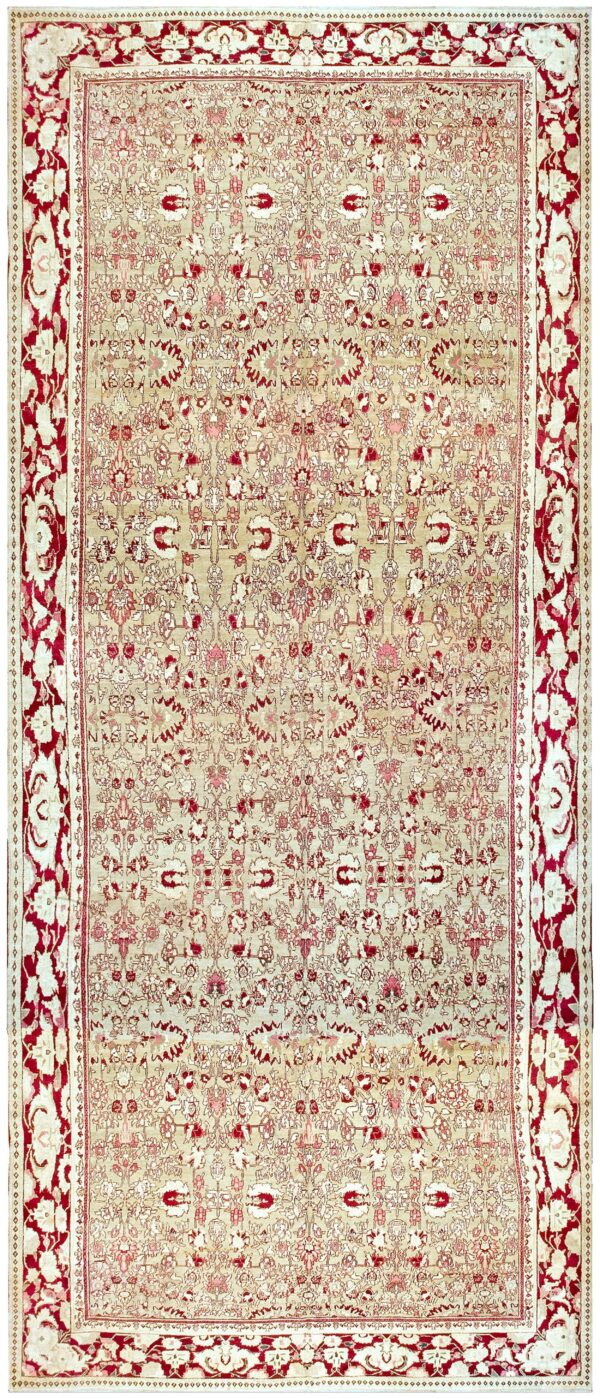 Antique indian agra carpet 11'×29' celadon & burgundy, geometric, circa 1890 1 Antique indian agra carpet 11'×29' celadon & burgundy, geometric, circa 1890