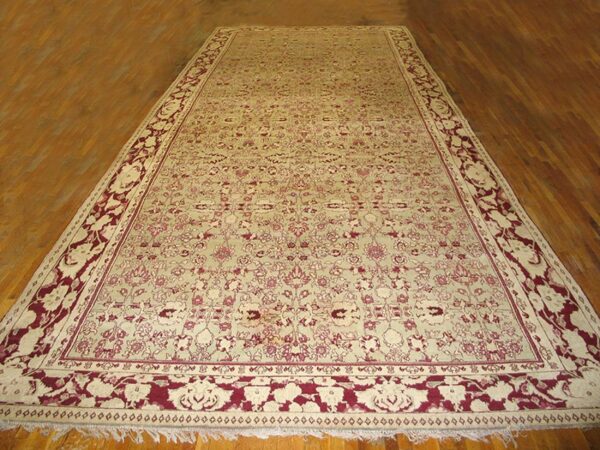 Antique indian agra carpet 11'×29' celadon & burgundy, geometric, circa 1890 2 Antique indian agra carpet 11'×29' celadon & burgundy, geometric, circa 1890 - detail view 1