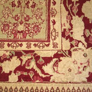 Antique Indian Agra Carpet 11'×29' Celadon & Burgundy, Geometric, Circa 1890 - detail view 2
