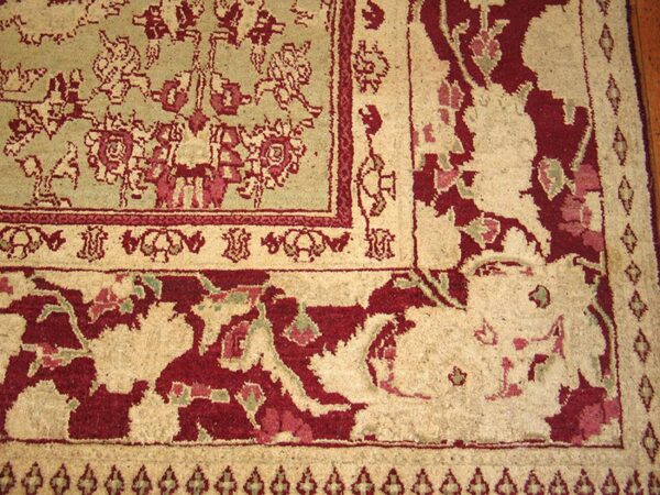 Antique indian agra carpet 11'×29' celadon & burgundy, geometric, circa 1890 3 Antique indian agra carpet 11'×29' celadon & burgundy, geometric, circa 1890 - detail view 2